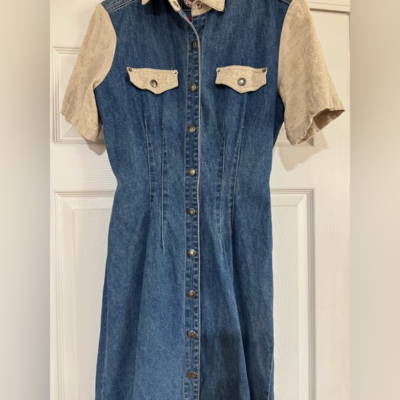 VTG y2k Paris Blues Denim Maxi Shirt Dress Med Wash Sz 7 Short Sleeve Linen 90s - Picture 4 of 10